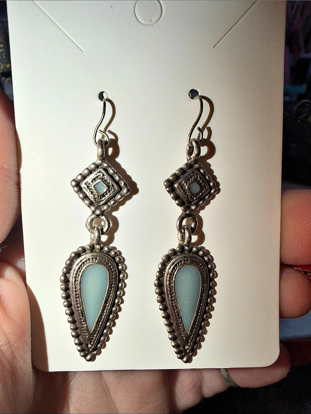 Teardrop Dangle Earrings in Silver & Blue Like New
